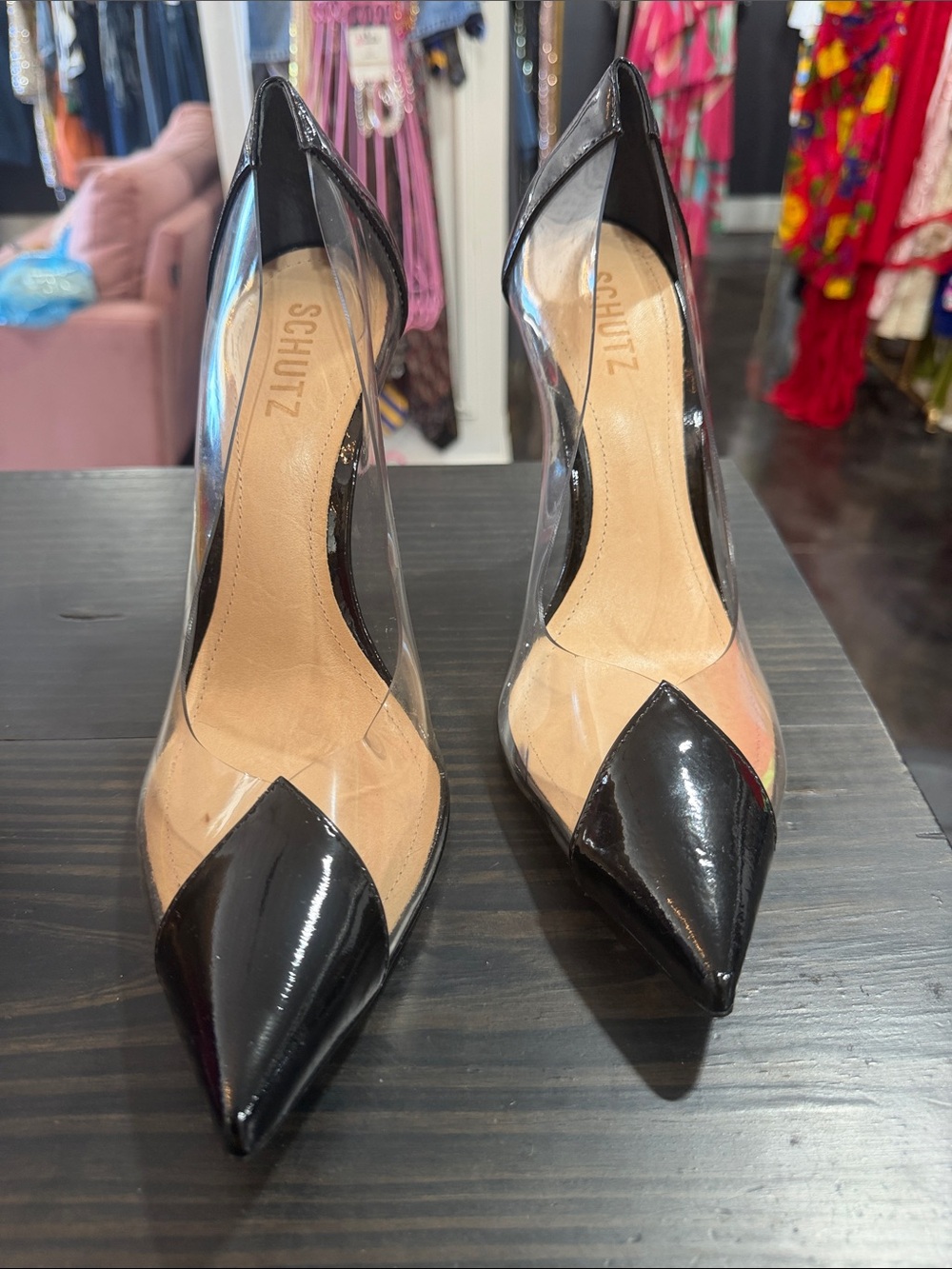 SCHUTZ Black Patent Pointed Clear-Panel Pumps